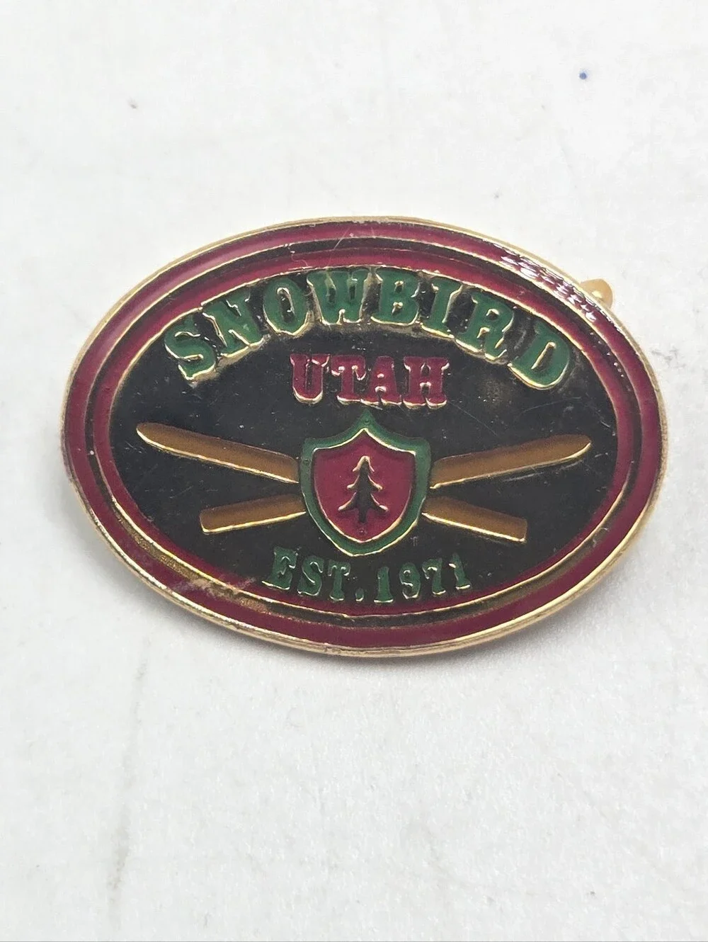 80's Snowbird Utah Ski Resort Lapel Pin Skiing Souvenir God Tone Enamel Pinback